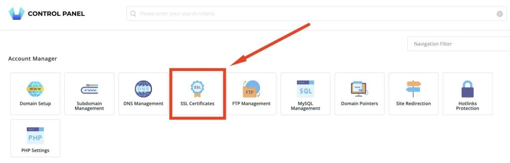 'SSL Certificates' option under the 'Account Manager' section. ssl