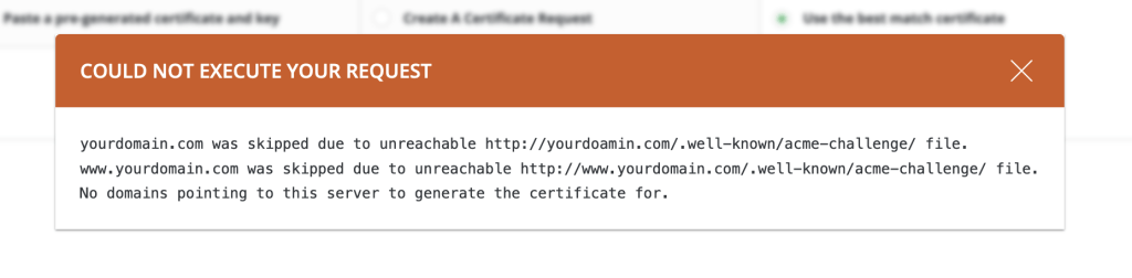 [Error] No domains pointing to this server to generate the certificate for.
